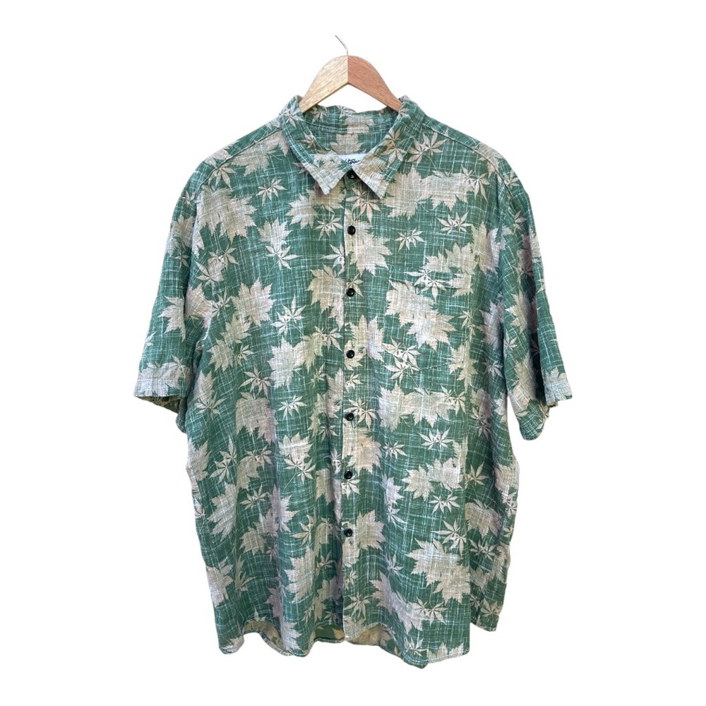 Vatpave Men's XXL Short Sleeve Tropical Leaf Button Up Shirt Green Cotton Blend